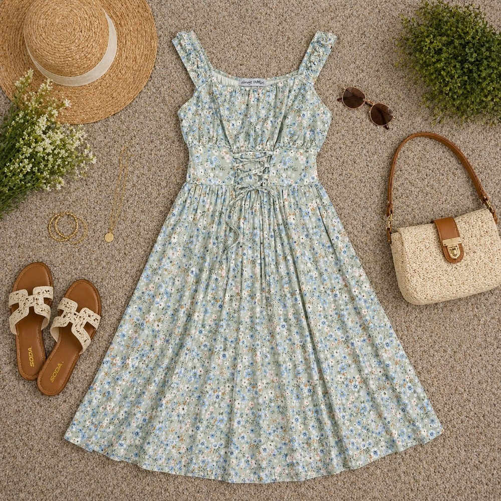 Almost Famous Womens Sage Green Floral Lace Up Corset Cottagecore Dress Size M